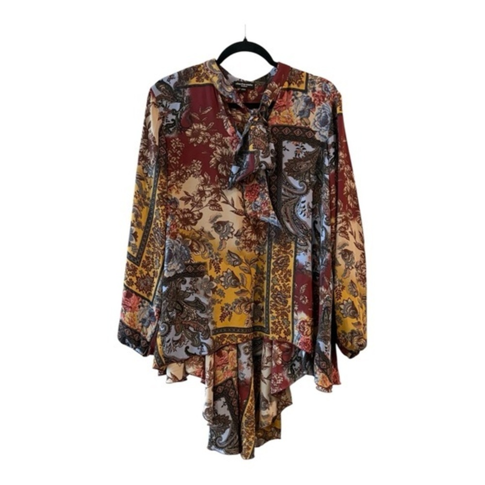 Chacha Vente Boho Paisley Tie Neck High Low Tunic Blouse Size M